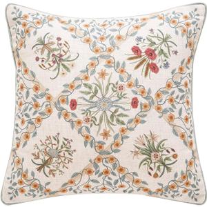 ISAENNE Design Linen Throw Pillow Covers 18"x18", Square Farmhouse Cushion Covers with Red Pink Yellow Watercolor Wildflower Pattern Decor Pillowcases for Bed,Living Room,Outdoor,Car
