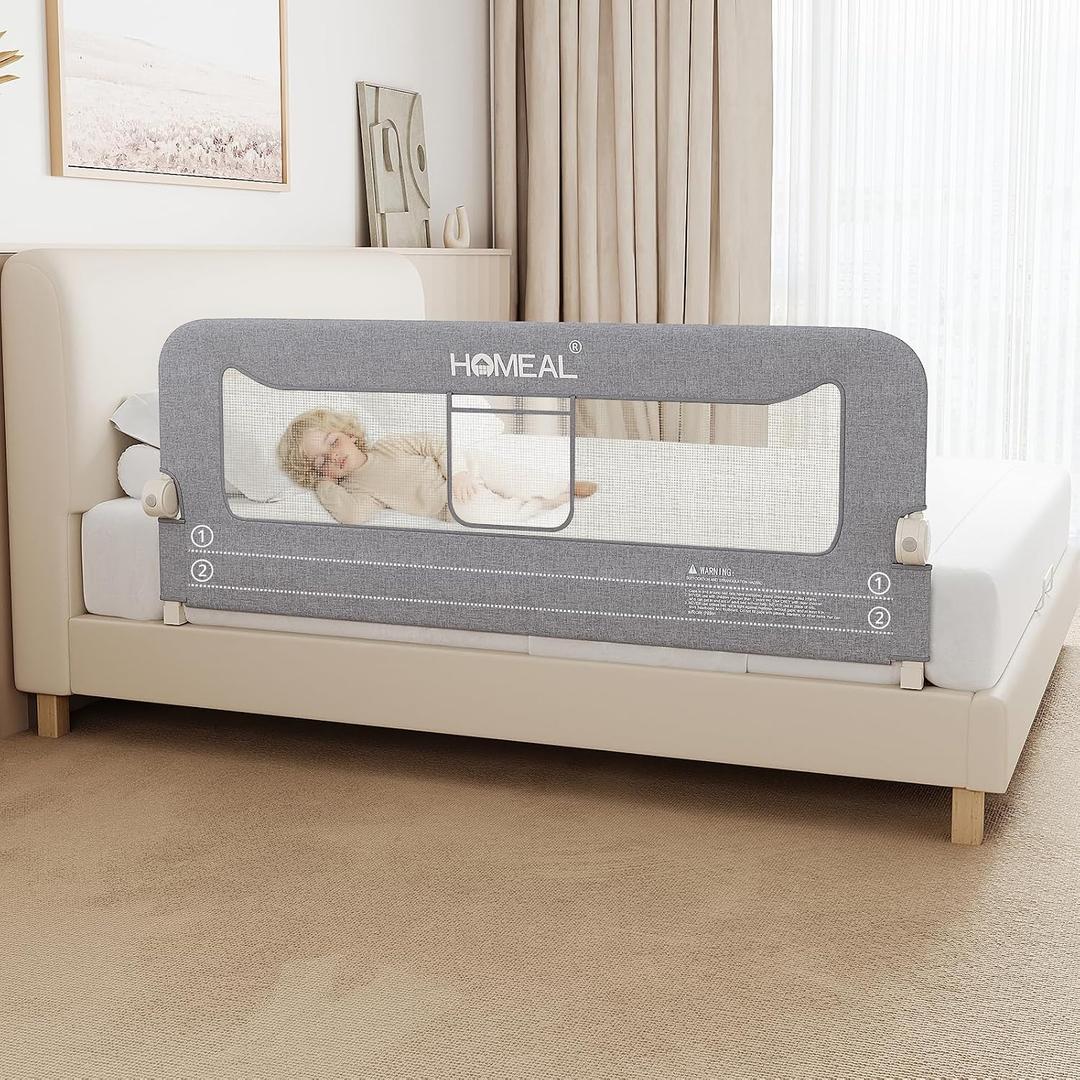 HOMEAL Bed Rail for Toddlers, 59" Extra Long Swing Down Bed Guard with Double Reinforced Stability, Foldable Metal Safety Rail for King, Queen, Full & Twin Beds, Grey, 59in