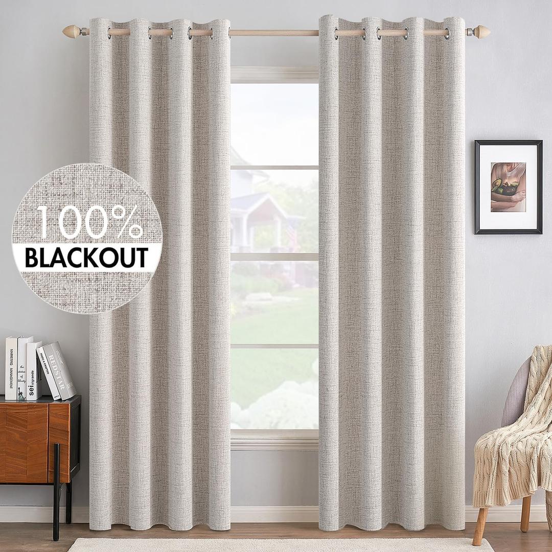 MIULEE 100% Blackout Linen Textured Curtains for Bedroom Solid Thermal Insulated Ivory Grommet Room Darkening Curtains & Drapes Luxury Decor for Living Room Nursery 52 x 108 Inch (2 Panels)