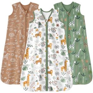 Baby Sleep Sack 6-12 months, 100% Cotton Sleeping Sack for Newborn and Infant, 3 Pack Baby Wearable Blanket for Boy and Girl, 0.5 Tog Lightweight Double Zipper Sleep Bag Green Brown Giraffe (Medium)