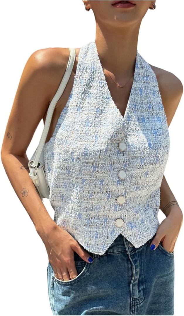 MakeMeChic Women's Plaid Halter Top Button Front Sleeveless Summer Going Out Crop Tops Blue Medium