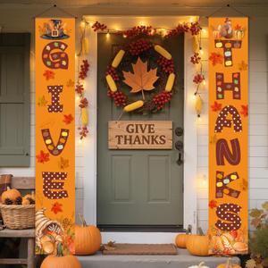 OHOME Thanksgiving Decorations - GIVE THANKS Porch Banner | Fall Decor for Indoor Outdoor Outside - Friendsgiving Party Decorations Autumn Pumpkin Welcome Door Sign for Home Yard Wall (orange)