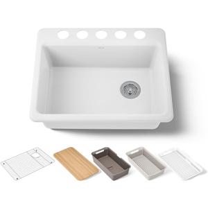 Riverby 27" Undermount Single Basin Cast Iron Kitchen Sink with Basin Rack and Cutting Board (White)