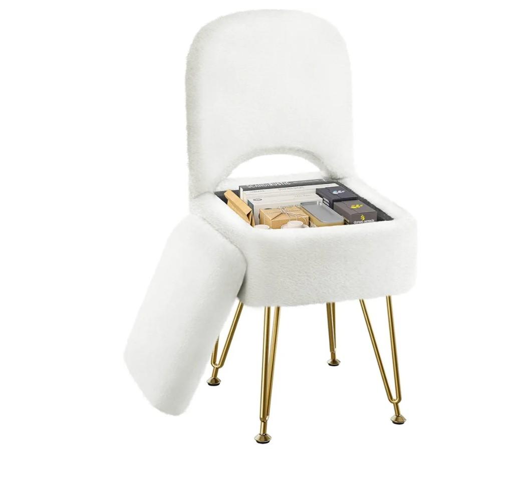 GREENSTELL Small Vanity Stool Chair with Storage and Folding Back, 13.4" x 15" x 30" Square Faux Fur Soft Ottoman, 4 Metal Legs with AntiSlip Feet, Furry Padded Seat for Makeup, Bedroom, White