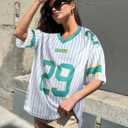 Jersey Shirts for Women Oversized: Y2K V Neck Striped Number Graphic Jersey Y2K Streetwear Short Sleeve Tee Tops (XXL)