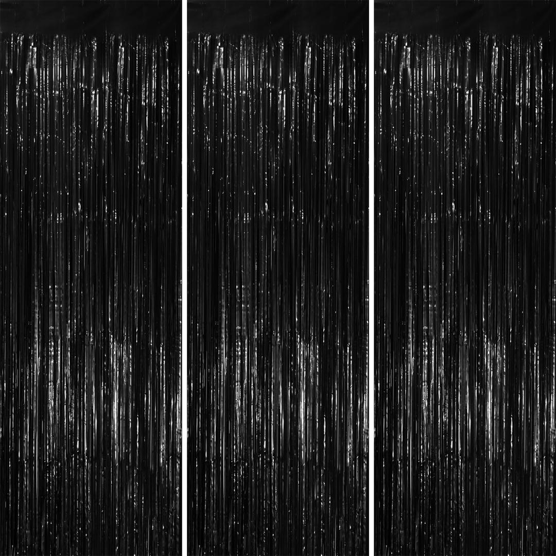 3 Pack 3.3x8.2 Feet Black Foil Fringe Backdrop Curtains, Tinsel Streamers Birthday Party Decorations, Fringe Backdrop for Graduation, New Years, Halloween, Disco Party