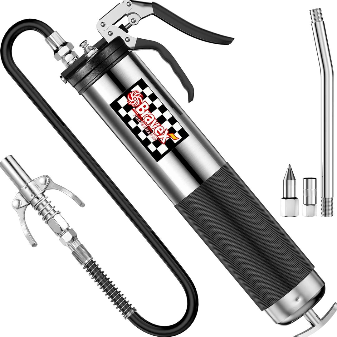 Bravex Pistol Grip Grease Gun Heavy Duty Professional 6000 PSI W/Quick Release Coupler - 18 inch Flex Hose