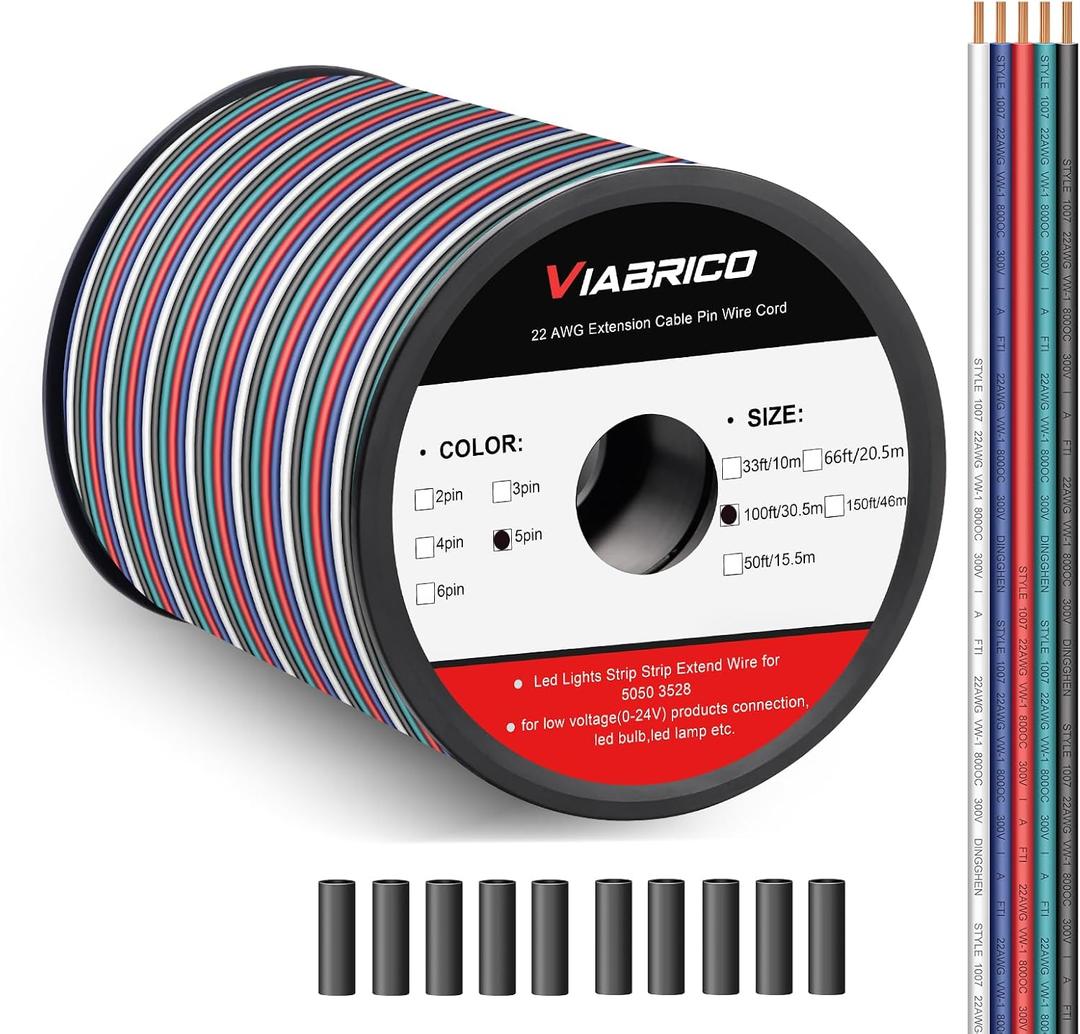 VIABRICO 100ft RGBW LED Extension Cable 22 Gauge 5Pin 12V DC Electrical Wire 5 Colors 22AWG Wires with 10PCS shrinkable Tubes for RGBW 3528 5050 Led Strip Copper Clad Aluminum Copper Wire