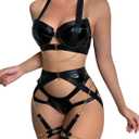 Lilosy Sexy Strappy Underwire Push Up Garter Belt Lingerie Set Harness Cutout Outfits Matching Bra Panty 3 Piece (Medium)