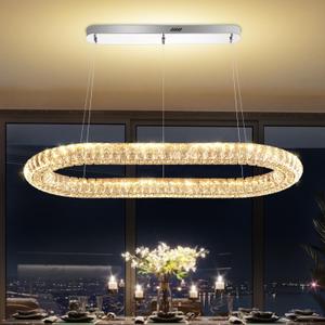Crystal Ring Chandelier, 40'' Chrome Crystal Ring Pendant Light for Kitchen Island Modern Linear Oval Chandeliers for Dining Room Dimmable 3000K-6000K