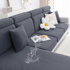Smiry Waterproof Couch Cushion Covers, Stretch Jacquard Sectional Couch Covers, L Shape Chaise Lounge Sofa Slipcover, Washable Elastic Furniture Protector for Pets, Kid (XL-Chaise Cover, Grey)