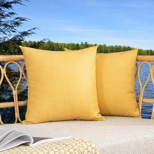 Kevin Textile Pack of 2 Decorative Outdoor Waterproof Pillow Covers Square Garden Checkered Cushion Sham Throw Pillowcase Shell for Patio Tent Couch 24x24 Inch Yellow