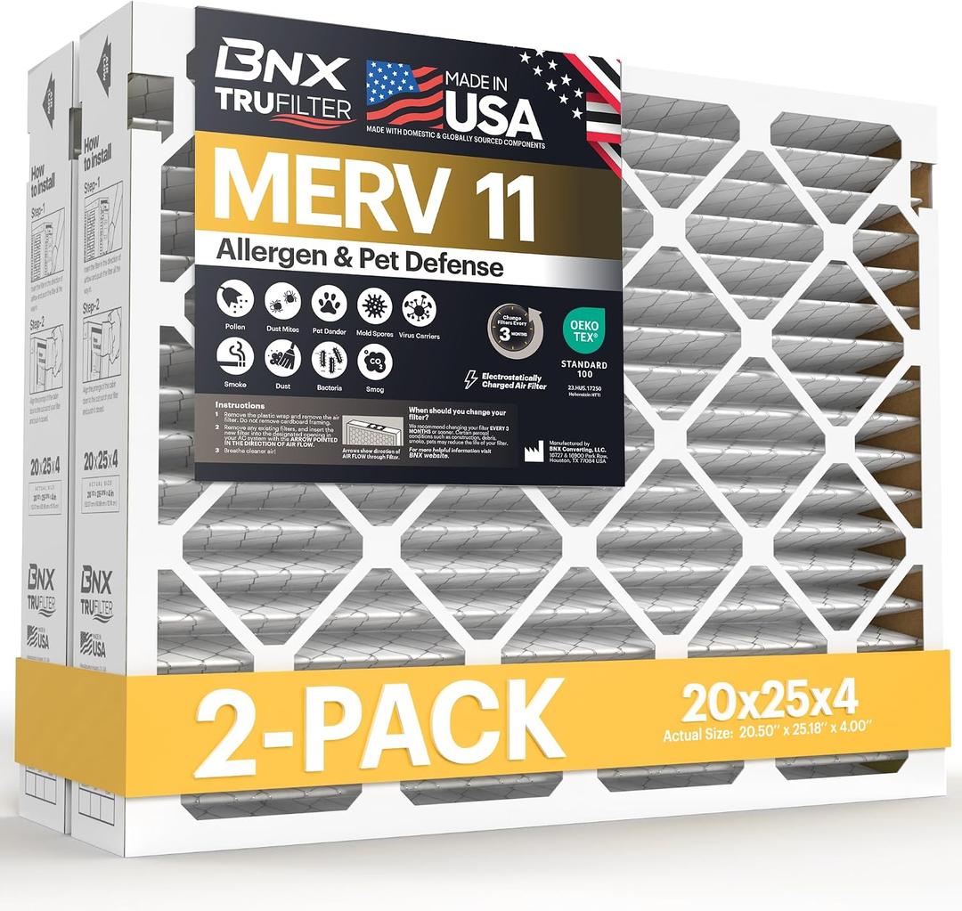 BNX TruFilter 20x25x4 Air Filter MERV 11 (20.50 x 25.18 x 4.00 (Compatible with Aprilaire 210) (2-Pack) MADE IN USA Furnace Filters HVAC AC Furnace Filters for Allergy Dust, Pet, MPR 1200 FPR 7