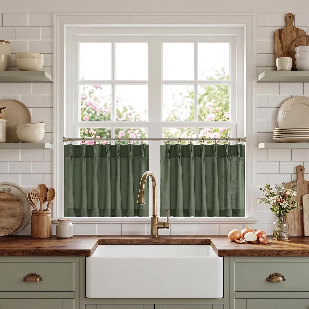 NICETOWN Forest Green Pinch Pleated Linen Kitchen Curtains 24 Inches Long, 2 Panels Set French Rustic Light Filtering Short Curtains for Cafe Bar Living Room Bedroom Window, 40" W x 24" L