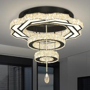 Flashing God Modern Crystal Chandeliers Dia 24" Black Chandelier Flush Mount Ceiling Light for Bedroom Living Room Dining Room Hallway Dimmable 3 Rings LED Ceiling Lighting Fixtures