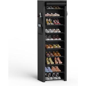 VTRIN Vertical Narrow Shoe Rack Organizer 10 Tier Tall Shoe Shelf Holds 20-22 Pairs with Non-Woven Dustproof Cover for Closet, Entryway Black (17.7"W x11.8"D x 68.9"H)