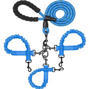 3 Dog Leash No Tangle, Heavy Duty Multiple Dog Lead Shock Absorbing Bungee with Padded Handle Removable Pet Traction Walking Rope for Medium Large Dogs (25-180 Lbs) (Blue)