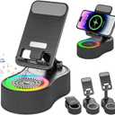 Cell Phone Stand with Bluetooth Speaker - Wireless Bluetooth Speaker with 360 Rotatable Phone Holder, Multifunctional Adjustable Stand with Charging Compatible with Tablet for Home Desk (Black)