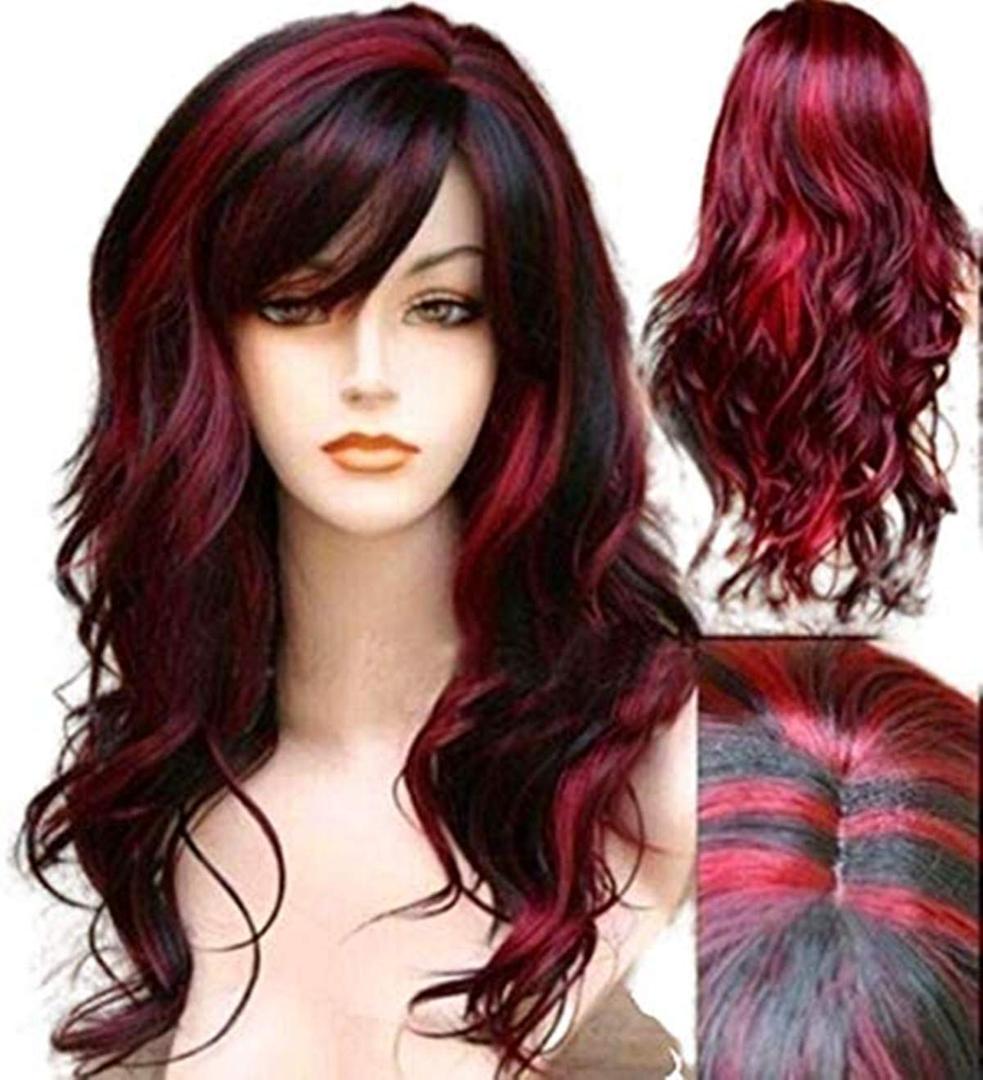 Short Curly Wig with Bangs Synthetic Long Hair Wavy Red Mixed Black Wigs Party Cosplay Costume Halloween Wig Resistant Fiber Hair for Women Girls