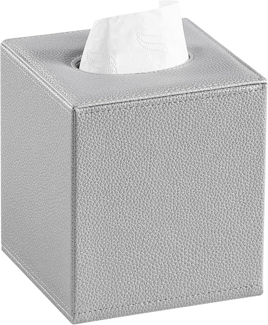 PU Leather Tissue Box Cover Square Rectangle Tissue Box Holder with Magnetic Closure, Decorative Tissue Holder for Bathroom Bedroom (Silver, Square)