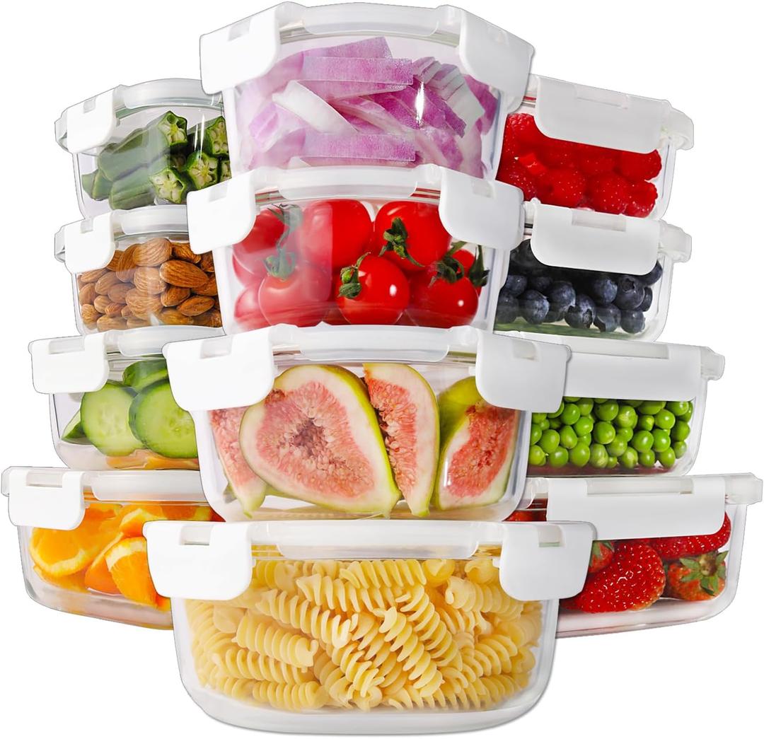 HOMBERKING 24pc Glass Food Storage Containers with Lids, Glass Meal Prep Containers with Leak Proof Snap Lock Lids, Airtight Bento Lunch Boxes, Kitchen Storage (12 lids & 12 Containers) - White (12 Pack 11~35oz)