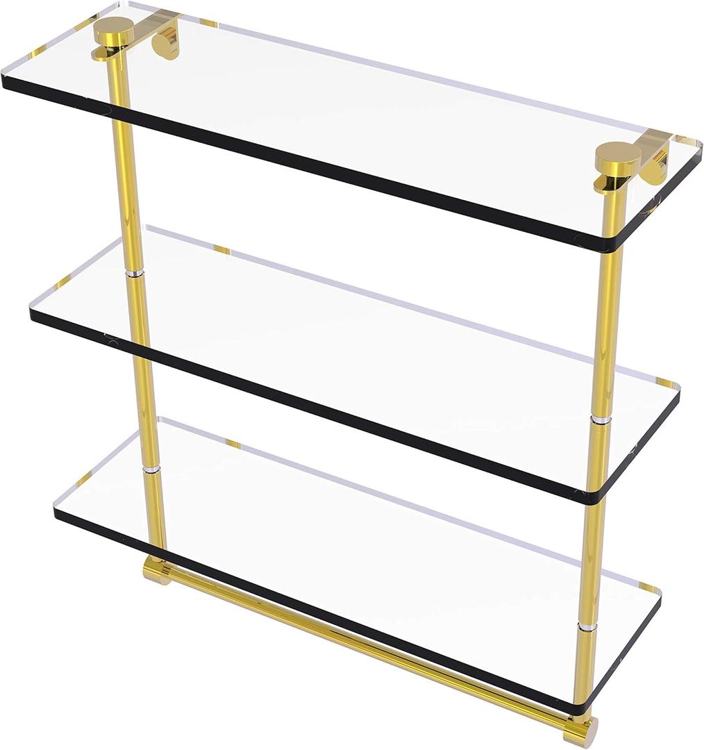 Allied Brass NS-5/ 16TB 16 Inch Triple Tiered Integrated Towel Bar Glass Shelf, Polished Brass