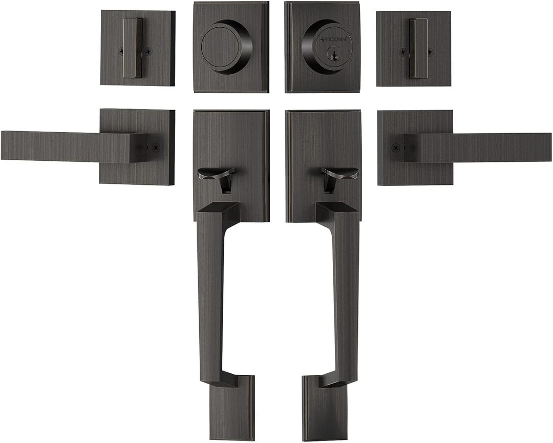 TICONN Double Front Door Handle Set, Heavy Duty Square Door Lever and Single Cylinder Deadbolt Combo for Side by Side Entrance Exterior Doors (Oil Rubbed Bronze)