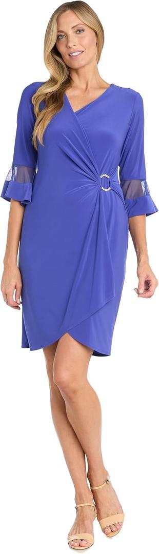R&M Richards Women's Faux Wrap Cocktail Cascade Dress W/Ruffled Sheer Sleeves & Buckle Accent (8, Violet)