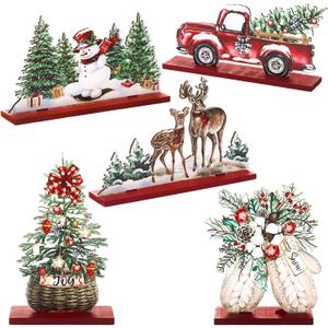 Huwena 5 Pcs Christmas Table Decorations Wooden Christmas Table Centerpieces Joy Sign Snowman Reindeer Gloves Signs for Winter Holiday Snow Xmas Dinner Coffee Tier Tray Decor(Classic,Red)