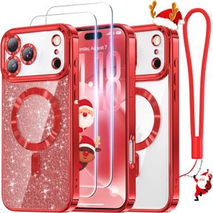 Meifigno Designed for iPhone 17 Pro Case Christmas Red, [Glitter Card & Wrist Strap][Compatible with MagSafe] [2X Screen Protectors] Surround Raised Lens Protection for 17 Pro Phone Case Women, Red