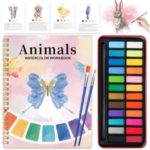 Watercolor Workbook - Coloring Book Beginner Friendly Painting Kit, Watercolor Workbooks for Adults with 24 Colors Paint, Exploration Gift for Adults Teens (Animals)