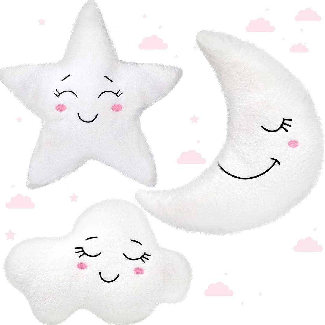 Queekay Set of 3 Christmas Kid Moon Star Cloud Cushion Soft Plush Pillow Nursery Stuffed Throw Cushion Children Cute Pillow for Baby Room Reading Nook Decorations Gifts(Moon, Star, Cloud)