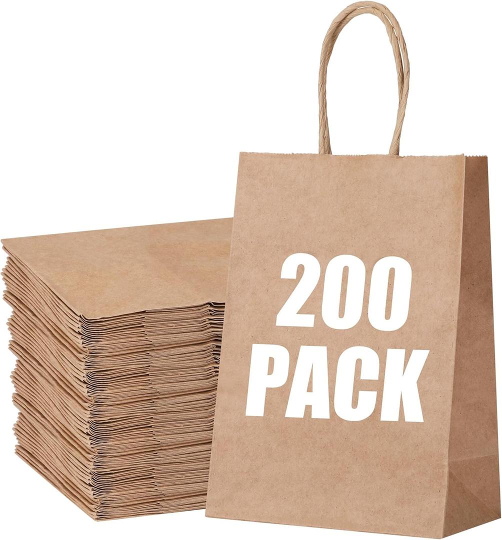 STOBOCTER 200Pcs Paper Gift Bags, 5.9"x3.15"x8.25" Gift Wrap Bags with Handles, Brown Kraft Paper Bags for Small Business, Paper Bags Bulk for Birthday Party Favors, Shopping, Grocery, Retail, Craft