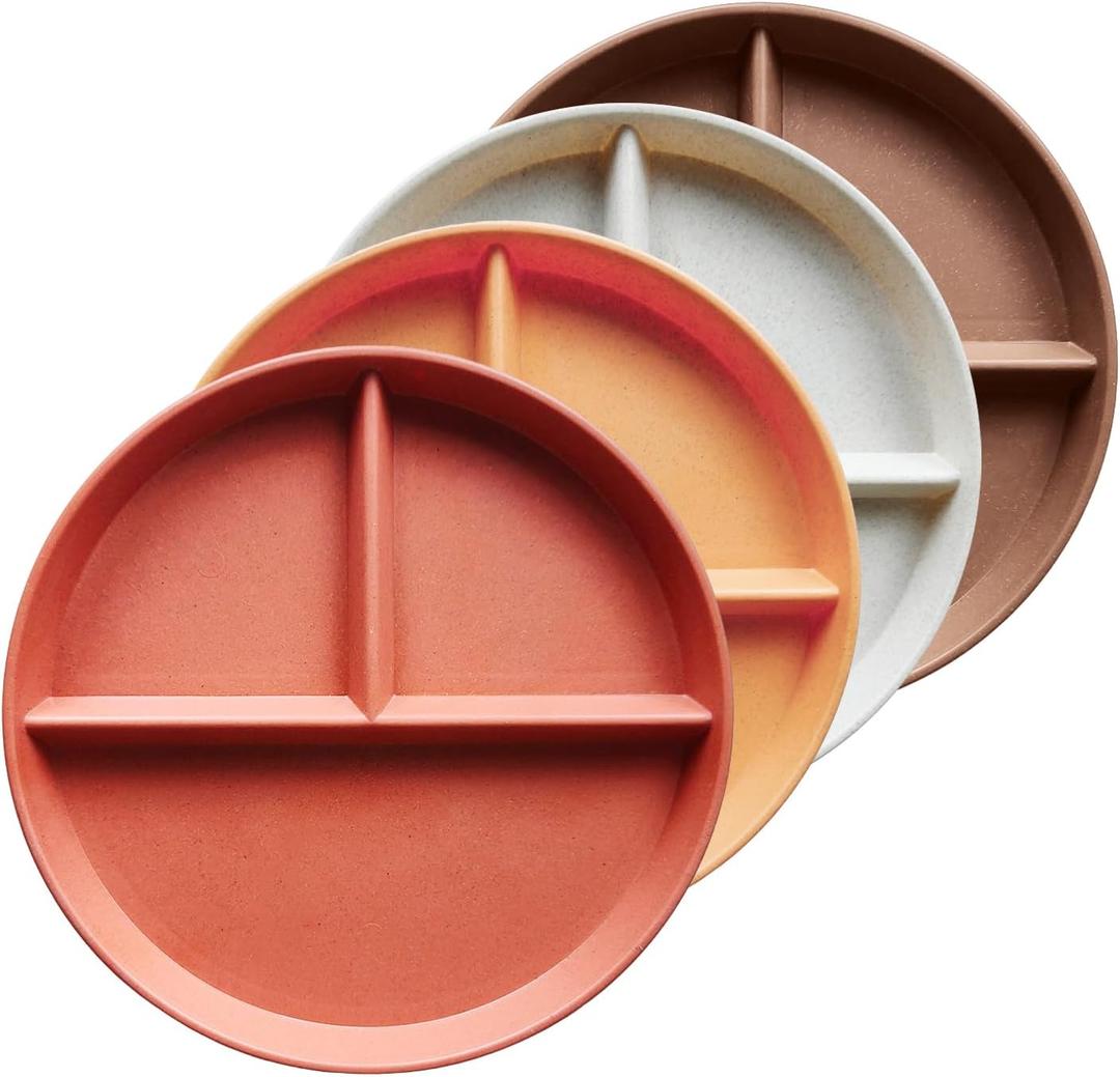 9 Inch 4PCS Unbreakable Portion Control Plates, Divided Plates for Kids Adults, Dishwasher & Microwave Safe Compartment Plate, Lightweight Reusable Wheat Straw Plate, BPA Free (Sunset)