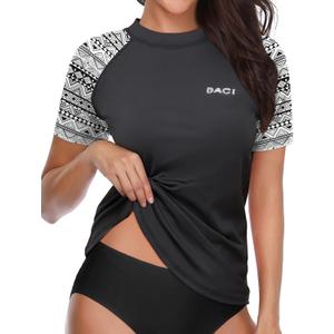 Daci Women Short Sleeve Rashguard Top Swim Shirt Swimsuits Top Only No Built in Bra Bathing Suit No Bottom (Black, L)