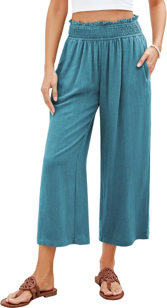GRAPENT Capri Pants for Women High Waisted Wide Leg Linen Palazzo Trousers Pull On Elastic Smock Waist Loose Flowy Pants (Blue, L)