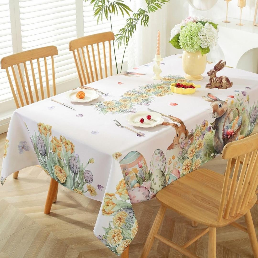 Honellaty Easter Tablecloth Rectangle Watercolor Bunny Table Cloth, Spillproof Spring Floral Tablecloths, Stain Resistant Wrinkle Free Cloth Table Cover for Picnic Party Dinner (52 * 70 Beige)