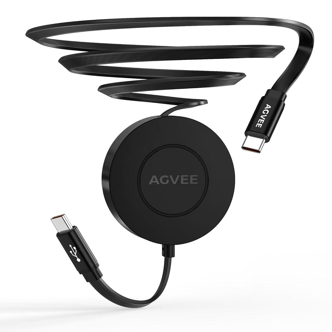 AGVEE 0.3ft Fixed / 2.3ft Extend USB-C to C Charger Cable Mountable One Way Retractable 60W Fast Charging Cord, Pocket-Sized for iPhone 16 15, Samsung, Android, Desk Organizer, Black