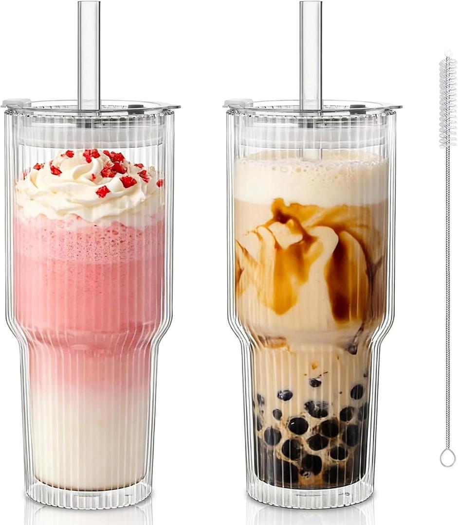 KEMORELA 28 oz Double Wall Glass Tumblers Set of 2, Extra-Wide 13mm Reusable Drinking Straws, Boba Tumbler, Wide-Mouth Water Cups for Iced Coffee, Smoothies, Boba & Tea Lovers (Ribbed)