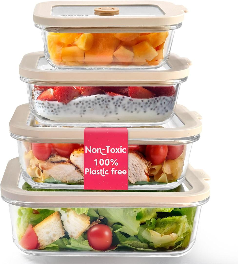 Ziruma Non-Toxic 4 Pack - Glass Food Storage Containers With Lids  Plastic Free, Airtight Meal Prep Containers, Multi-Size (12, 21, 35, 50 Oz), Microwave & Freezer Safe