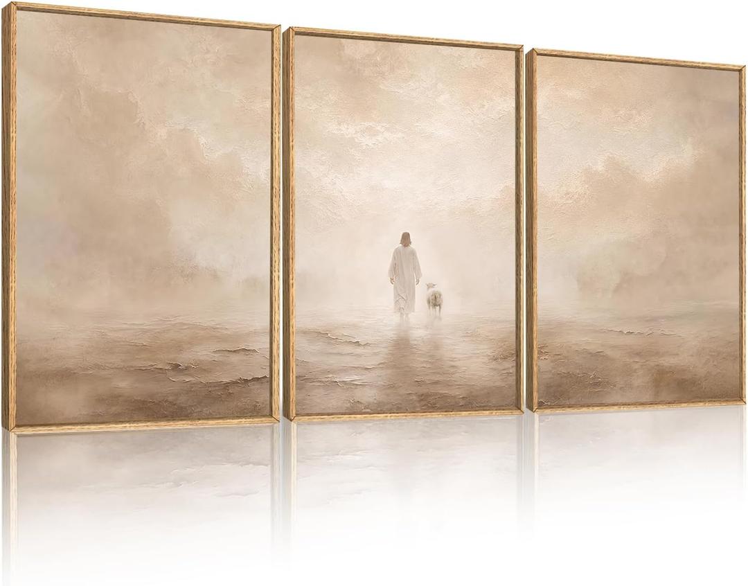 Christian Jesus and Lost Lamb Framed Canvas Wall Art-24"x36"x3