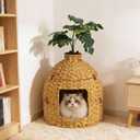 Cat Hidden Litter Box Enclosure Furniture with Artificial Plants, Handwoven Rattan with Cat Litter Box and Real Stones, in Living Room, Bedroom, Corner Natural
