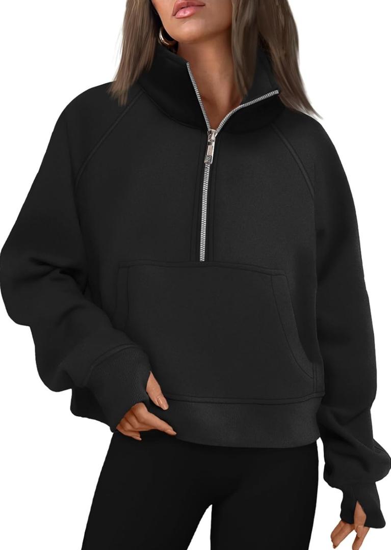 AUTOMET Womens Sweatshirts Half Zip Cropped Pullover Fleece Quarter Zipper Hoodies 2026 Fall Fashion Outfits Clothes Black Size M