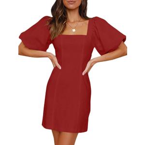 Misng Women's Square Neck Short Puff Sleeves Mini Dresses Stretch Slim Casual Dress with Zipper Red (Red, XS)
