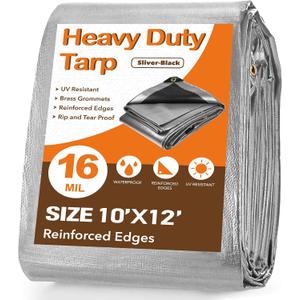 Tarp Waterproof 10' X 12', Heavy Duty Tarps Waterproof 16 Mil Large Tarp with Grommets Multipurpose Protective Poly Outdoor for Roof, Camping, Patio, Pool, Boat, Car|Silver/Black