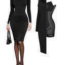 Popilush Cocktail Dress Long Sleeve Square Neck Midi Dress Shapewear Tummy Control Bodycon Dress Party Evening Built in Bra Classic Black, M