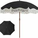 7ft Patio Umbrella with Fringe, Boho Beach Umbrellas, Outdoor Tassels Umbrellas with Push Button Tilt & Carrying Bag, 8 Windproof Fiberglass Ribs, UPF50+