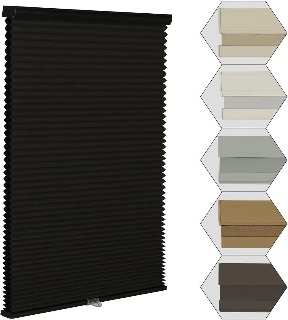 Cordless Blackout Window Blinds & Shades Pull Down Room Darkening Window Shades Light Blocking Honeycomb Cellular Shade for Indoor Windows Easy to Install 36 inch Wide, H72 Black Blinds
