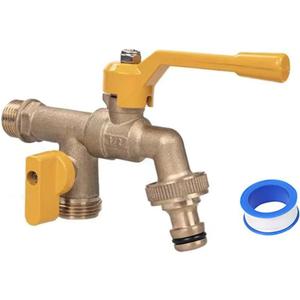 Outdoor Water Faucet, Wall Mounted Garden Water Faucet with Two 3/4 inch Brass Ball Valves Water Tap Splitter for Outdoor,Garden,Home, Balcony, Hose Connector