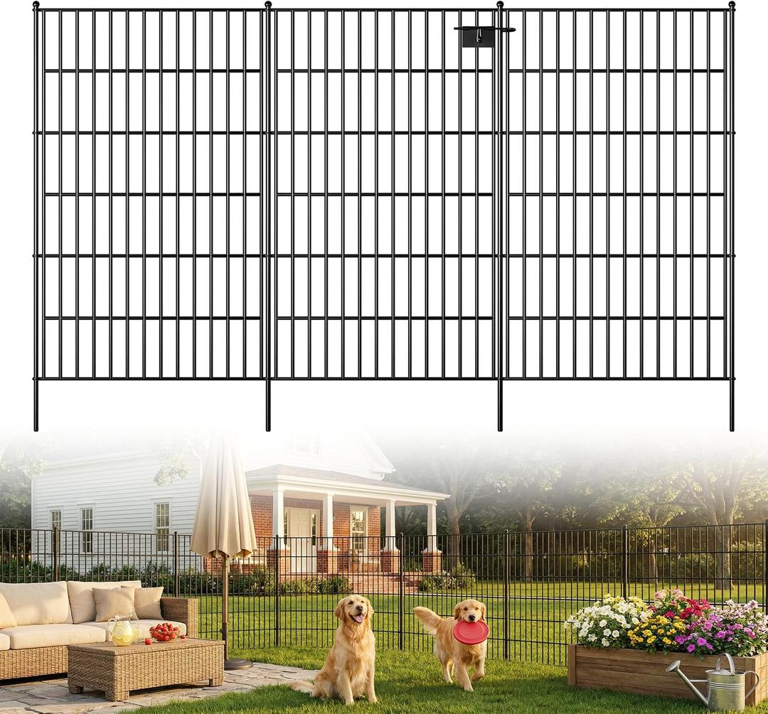 Toolterritary 10 Panels No Dig Garden Fence with Gate, 48in(H) x 26.0ft(L) Rustproof Metal Animal Barrier Fence, Outdoor Decorative Yard Fencing with Ground Stakes for Dogs, Rabbits, Patio